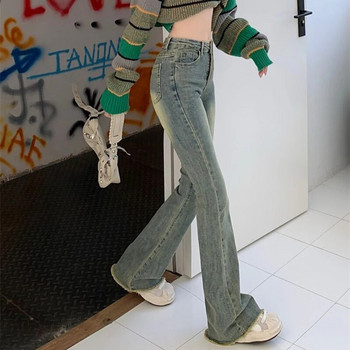 Y2K Еластични тесни дънки с висока талия Дамски ретро изпрани клоширани панталони с необработени ръбове Дамски корейски модни улични дънкови панталони