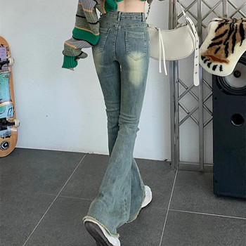Y2K Еластични тесни дънки с висока талия Дамски ретро изпрани клоширани панталони с необработени ръбове Дамски корейски модни улични дънкови панталони