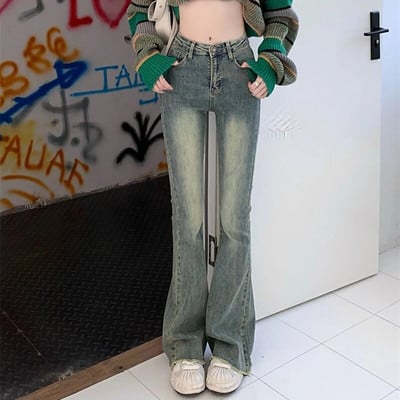 Y2K elasztikus, magas derekú, vékony farmer Női Vintage mosott nyers szélű nadrág Női koreai divat utcai viselet farmer nadrág