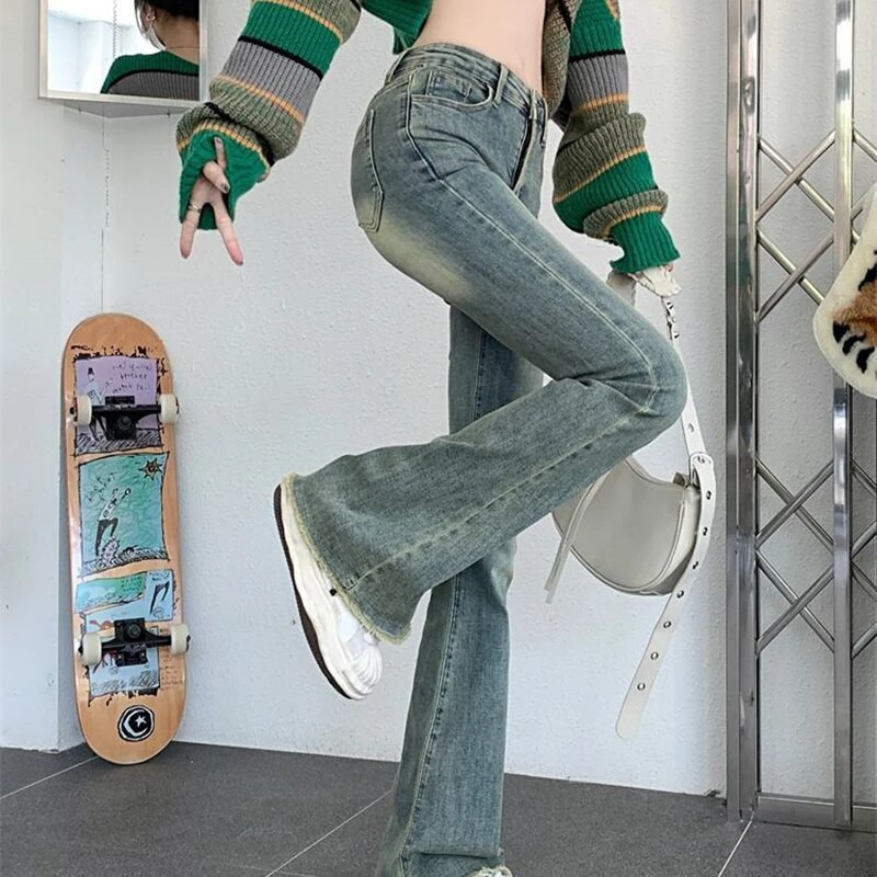 Y2K elasztikus, magas derekú, vékony farmer Női Vintage mosott nyers szélű nadrág Női koreai divat utcai viselet farmer nadrág