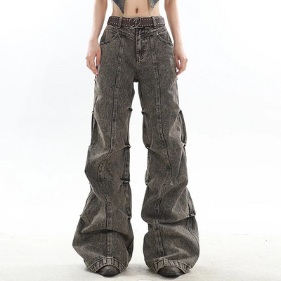 Traperice Ženski američki stil Bočno nabrane isprane traper hlače High Street Hip Hop Napredna jesen Hotsweet Girls Chic