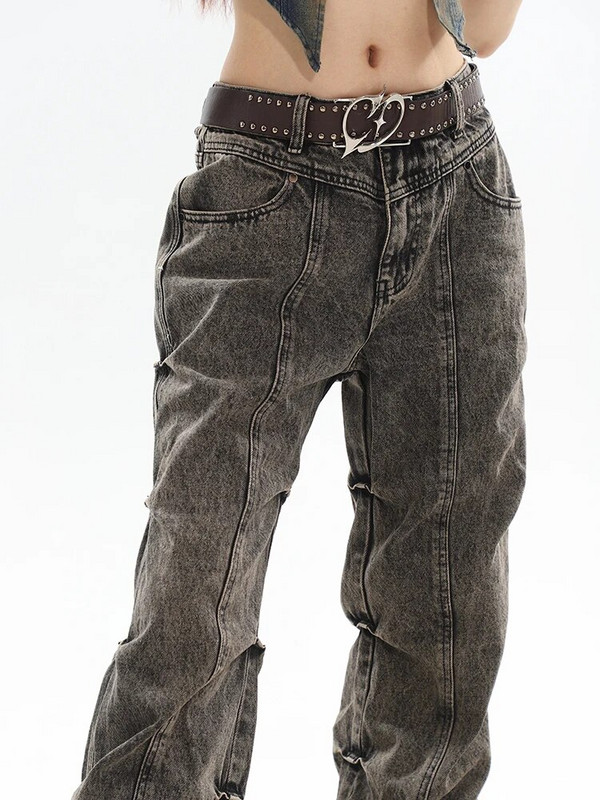 Traperice Ženski američki stil Bočno nabrane isprane traper hlače High Street Hip Hop Napredna jesen Hotsweet Girls Chic