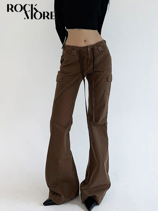 Rockmore Brown Low Rise Flare farmer Női Streetwear Y2K Esztétikus Cargo Jean Pants Vintage farmer nadrág Grunge Fairycore