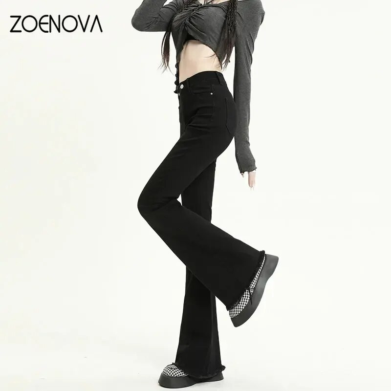 ZOENOVA 2023 Proljetne ženske nove rastezljive pamučne traper hlače s visokim strukom Vintage Streetwear Y2k Chic lepršave traperice s resicama plavosive