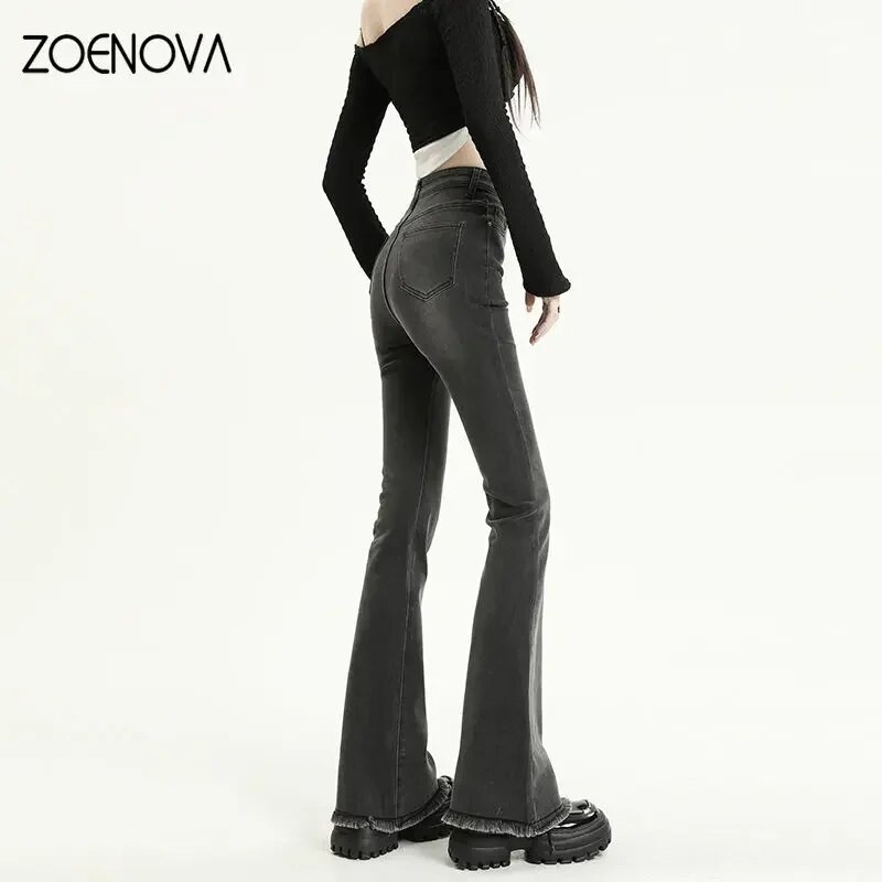 ZOENOVA 2023 Proljetne ženske nove rastezljive pamučne traper hlače s visokim strukom Vintage Streetwear Y2k Chic lepršave traperice s resicama plavosive