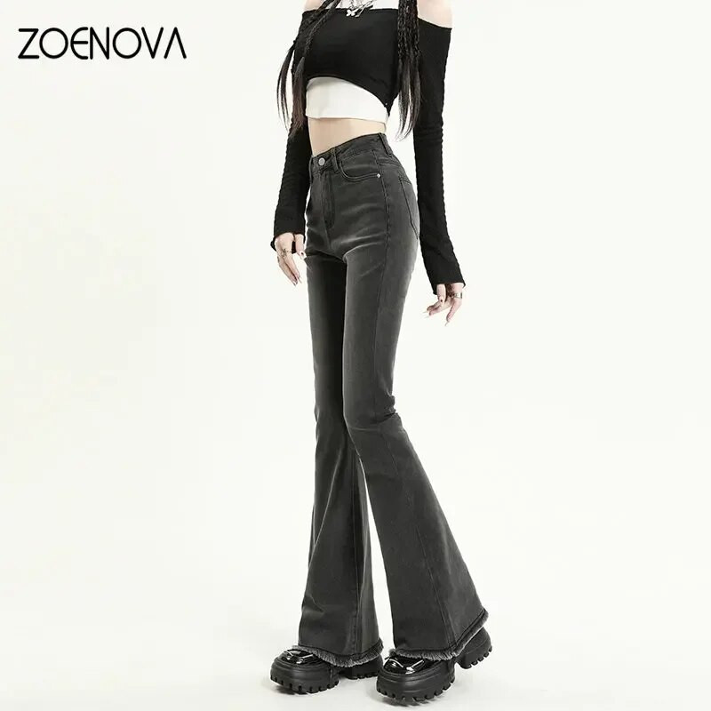 ZOENOVA 2023 Proljetne ženske nove rastezljive pamučne traper hlače s visokim strukom Vintage Streetwear Y2k Chic lepršave traperice s resicama plavosive