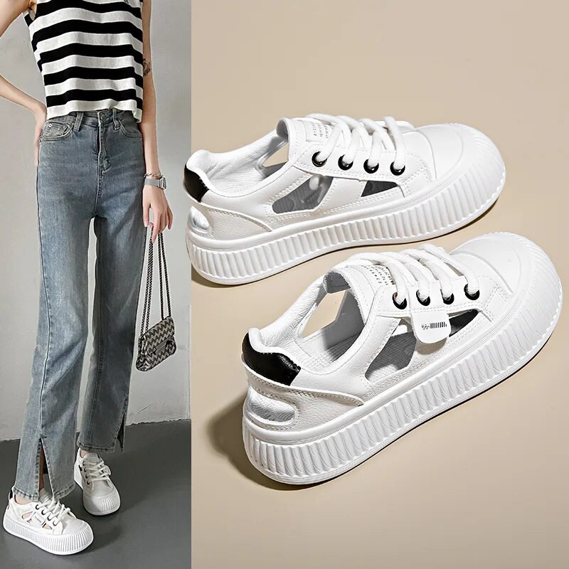Ljeto 2023. Nove ležerne cipele s izdubljenim ravnim dnom za žene Modne udobne tenisice na vezanje s debelim potplatom Ženske Zapatos De Mujer