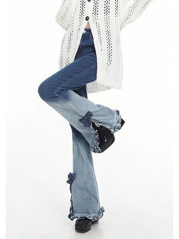 Елегантен стил с волани Цветни контрастни панталони Сладки панталони с кльощави панталони Y2k Vintage Slim Jeans Модни дамски панталони Harajuku с висока талия
