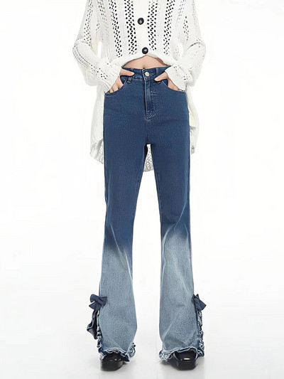 Chic Style Volangid Värvus Kontrast Püksid Sweet Bow Flare Püksid Y2k Vintage Slim Teksad Mood Kõrge Vöökohaga Harajuku Naiste püksid