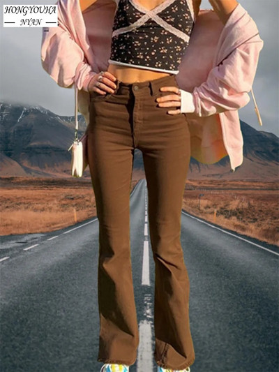 Utcai ruházat Y2k barna Női Magas derekú Farmer Stretch Bellbottom Farmer Divat Harajuku Széles Láb Fekete Flare Nadrág Ruházat Női