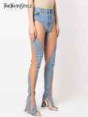 TWOTWINSTYLE tömör, vájt, résnyire nyúló nadrág női magas derekú patchwork zsebben utcai viselet farmer nadrág női divat