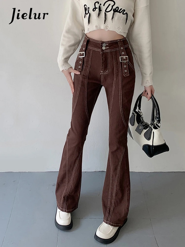 Jielur retro široke traperice visokog struka, ženske korejske jesenske novosti Y2K High Street smeđe hlače Ženske cool ležerne hlače s kopčom S-XL