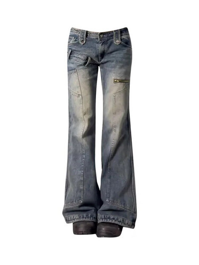 Blugi americani retro evazați cu talie joasă Pantaloni subțiri albaștri cu clopoței Pantaloni de denim la modă pentru femei Pantaloni cu design de bază Hiphop de înaltă calitate