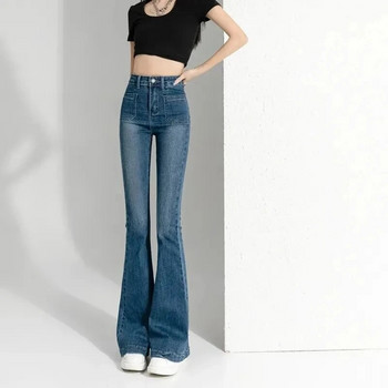 Винтидж улично облекло с висока талия Дънки с камбана Корейски модни изпрани дънкови панталони 2023 Пролет Есен Тесни еластични дамски панталони