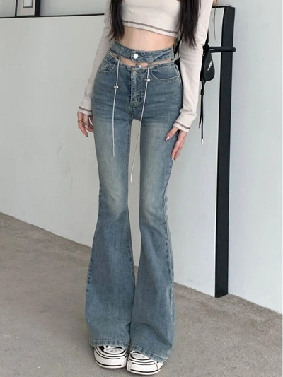 Y2k Skinny Jeans Ženske izdubljene Hotsweet Vintage Chic korejske modne ležerne fakultetske ulične traper hlače s visokim strukom
