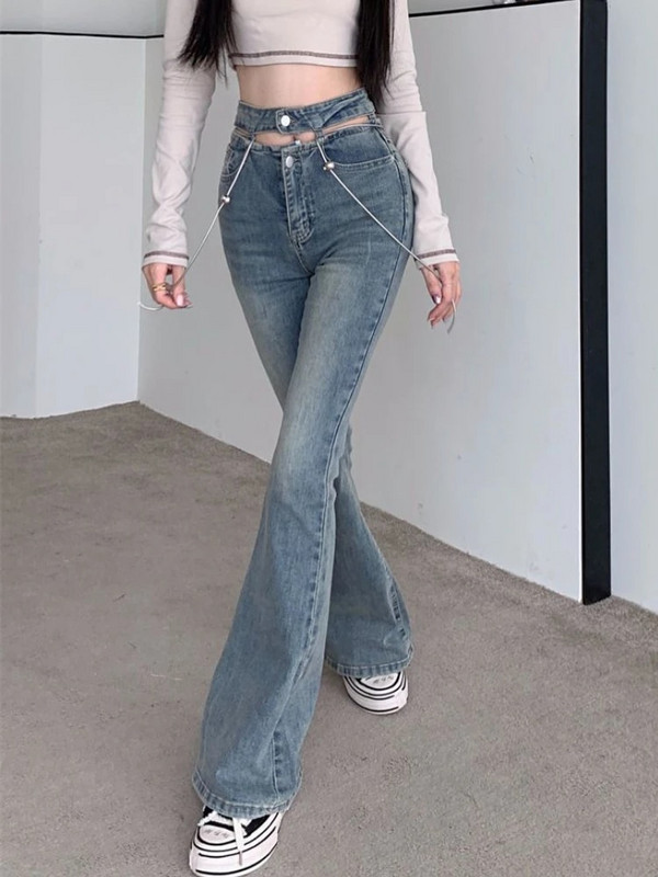 Y2k Skinny Jeans Ženske izdubljene Hotsweet Vintage Chic korejske modne ležerne fakultetske ulične traper hlače s visokim strukom