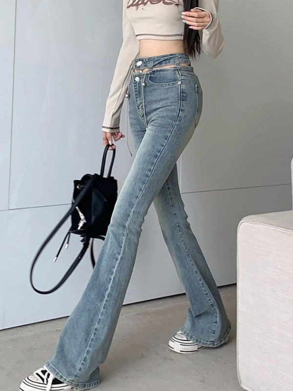 Y2k Skinny Jeans Ženske izdubljene Hotsweet Vintage Chic korejske modne ležerne fakultetske ulične traper hlače s visokim strukom