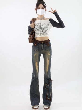 2023 Γυναικεία Vintage Blue Ripped Flare Jeans Y2k Φαρδύ τζιν παντελόνι 90s Αισθητική φαρδιά τζιν ψηλόμεση Κορεάτικα παντελόνια