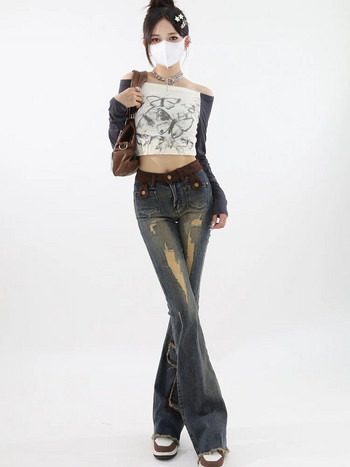 2023 Γυναικεία Vintage Blue Ripped Flare Jeans Y2k Φαρδύ τζιν παντελόνι 90s Αισθητική φαρδιά τζιν ψηλόμεση Κορεάτικα παντελόνια