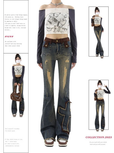 2023 Γυναικεία Vintage Blue Ripped Flare Jeans Y2k Φαρδύ τζιν παντελόνι 90s Αισθητική φαρδιά τζιν ψηλόμεση Κορεάτικα παντελόνια