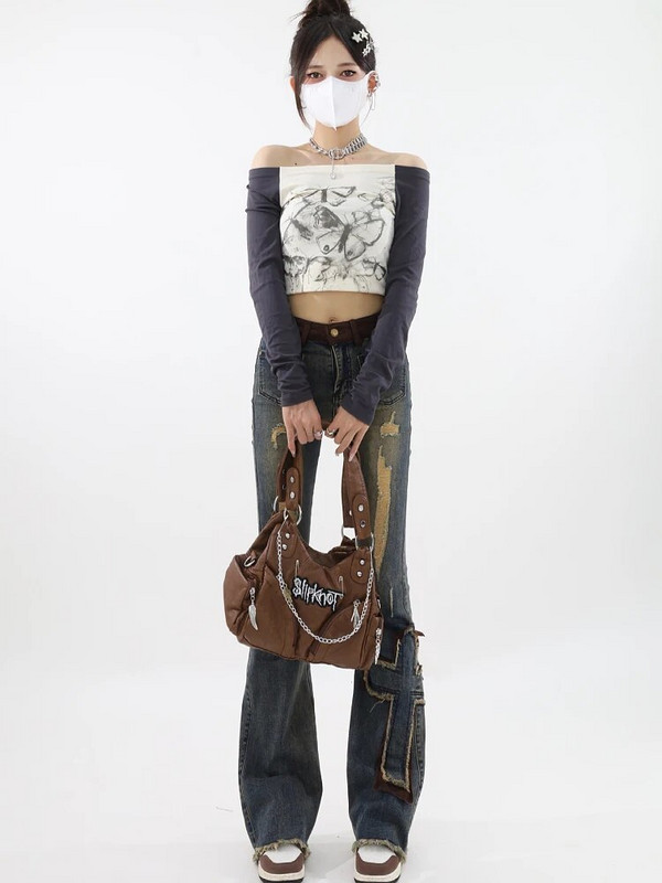 2023 Γυναικεία Vintage Blue Ripped Flare Jeans Y2k Φαρδύ τζιν παντελόνι 90s Αισθητική φαρδιά τζιν ψηλόμεση Κορεάτικα παντελόνια