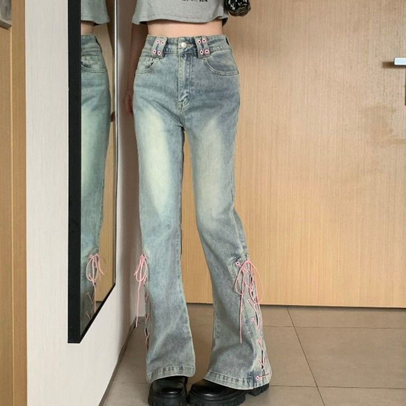 Sweet Chic Flare Jeans Γυναικεία Ανοιξιάτικα Μαθήτριες Ψηλόμεση Σχεδίαση επίδεσμου με όλα τα ματς Απλό παντελόνι Y2k Harajuku Δημοφιλές OOTD