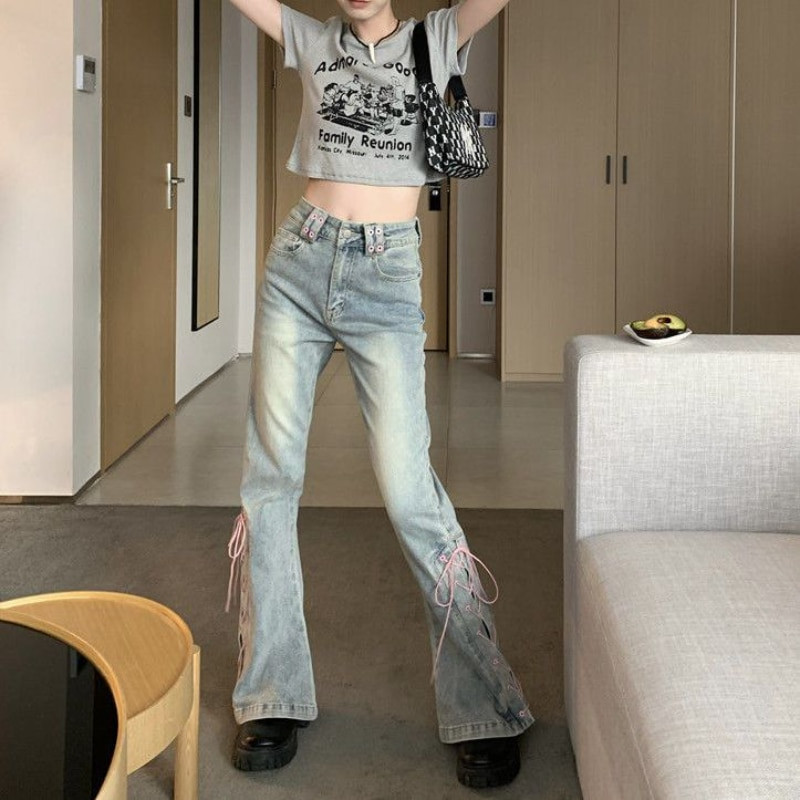 Sweet Chic Flare Jeans Γυναικεία Ανοιξιάτικα Μαθήτριες Ψηλόμεση Σχεδίαση επίδεσμου με όλα τα ματς Απλό παντελόνι Y2k Harajuku Δημοφιλές OOTD