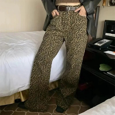 HOUZHOU Leopard Flare Jeans Дамски дънкови панталони Женски Y2K Bootcut Панталони Улично облекло Хип-хоп Винтидж Ежедневни камбанки