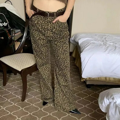 HOUZHOU Leopard Flare Jeans Ženske traper hlače Ženske Y2K Bootcut hlače Streetwear Hip Hop Vintage Ležerne zvonarice