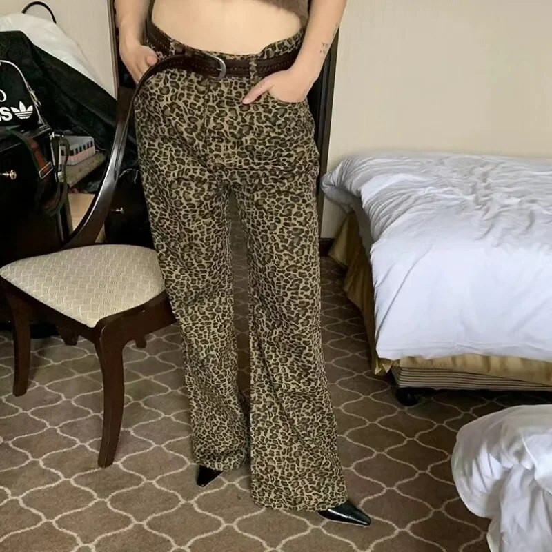 HOUZHOU Leopard Flare Jeans Ženske traper hlače Ženske Y2K Bootcut hlače Streetwear Hip Hop Vintage Ležerne zvonarice