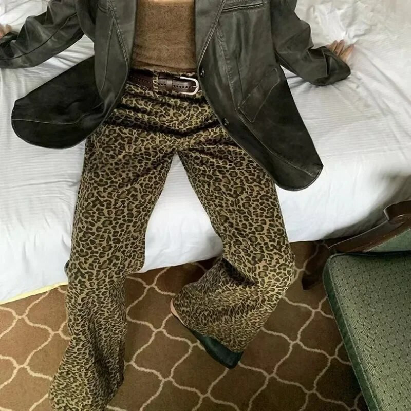 HOUZHOU Leopard Flare Jeans Ženske traper hlače Ženske Y2K Bootcut hlače Streetwear Hip Hop Vintage Ležerne zvonarice