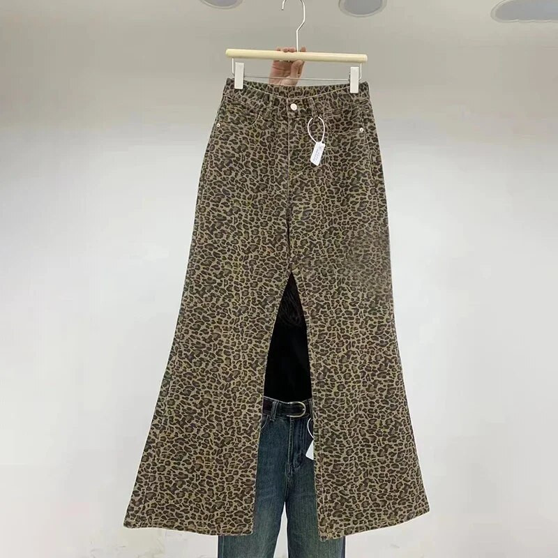 HOUZHOU Leopard Flare Jeans Ženske traper hlače Ženske Y2K Bootcut hlače Streetwear Hip Hop Vintage Ležerne zvonarice