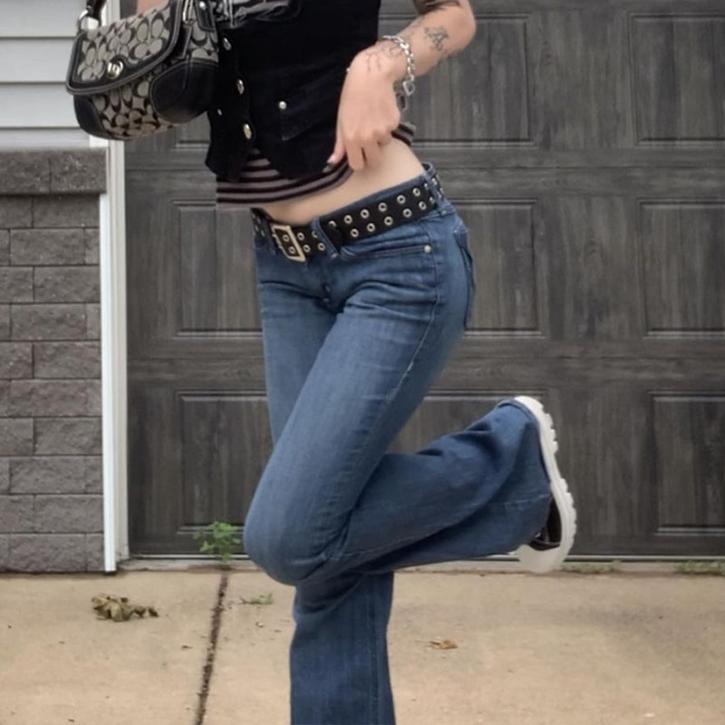 2000-es évek Retro alacsony emelkedése vékony, kiszélesedő nadrág y2k női farmer hosszú farmer nadrág Vintage ruhák koreai divat Fairycore utcai viselet