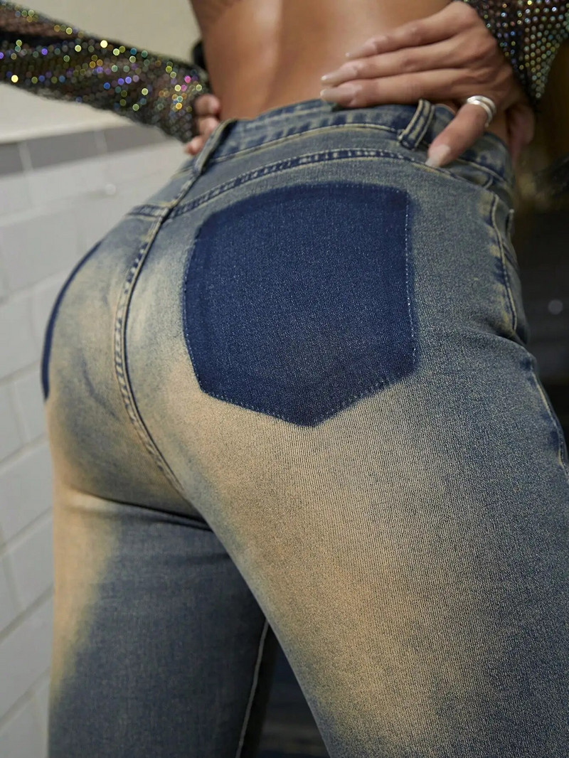 Y2K ženske modne lepršave traperice Vintage isprane traper hlače s kosim džepovima Visoki struk Uski donji dio širokih nogavica Bootcut hlače