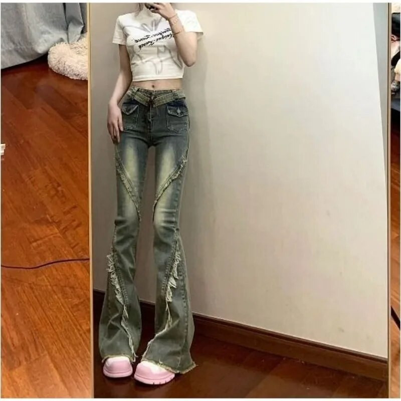 Iki kulkšnies ilgio džinsinės kelnės aukštu juosmeniu amerikietiškos vintažinės kelnės plonos moteriškos prašmatnios plačios kojos Street Y2k džinsai vasarinis užtrauktukas