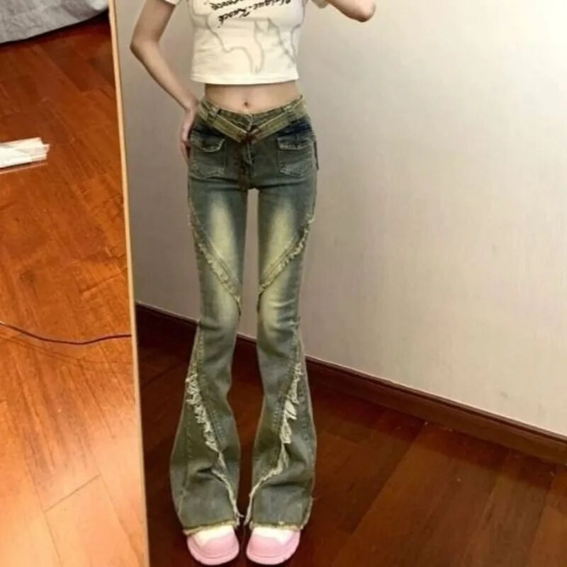 Iki kulkšnies ilgio džinsinės kelnės aukštu juosmeniu amerikietiškos vintažinės kelnės plonos moteriškos prašmatnios plačios kojos Street Y2k džinsai vasarinis užtrauktukas