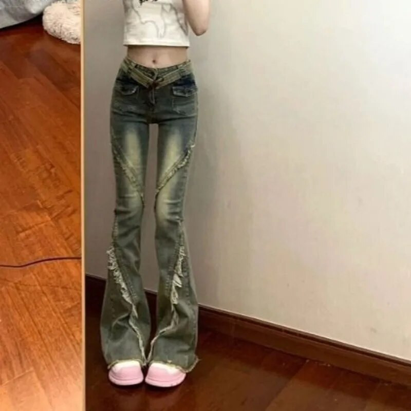 Iki kulkšnies ilgio džinsinės kelnės aukštu juosmeniu amerikietiškos vintažinės kelnės plonos moteriškos prašmatnios plačios kojos Street Y2k džinsai vasarinis užtrauktukas