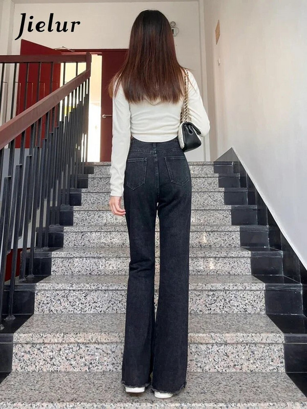 Jielur alkalmi vékony fekete farmer nadrág női magas derekú fiatal flare farmer Női tavasz nyár Preppy stílusú farmer nadrág hölgy