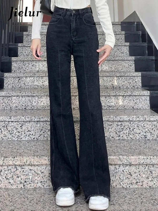 Jielur alkalmi vékony fekete farmer nadrág női magas derekú fiatal flare farmer Női tavasz nyár Preppy stílusú farmer nadrág hölgy