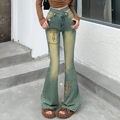 Vintage Y2k Streetwear Flare Jeans Ženske vezene hlače širokih nogavica s vezom Gyaru Modne japanske traper hlače