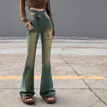 Vintage Y2k Streetwear Flare Jeans Γυναικείο κέντημα Ψηλόμεσο με φαρδύ πόδι στενό παντελόνι Gyaru Fashion Ιαπωνικό τζιν παντελόνι