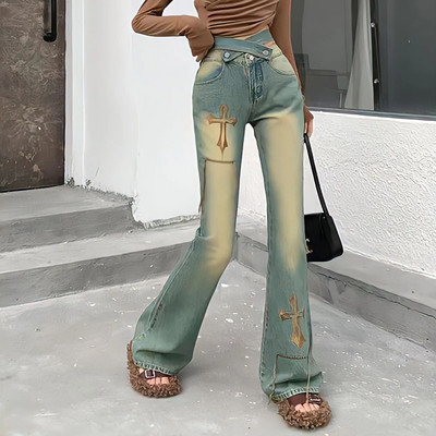 Vintage Y2k Streetwear Flare Jeans Ženske vezene hlače širokih nogavica s vezom Gyaru Modne japanske traper hlače