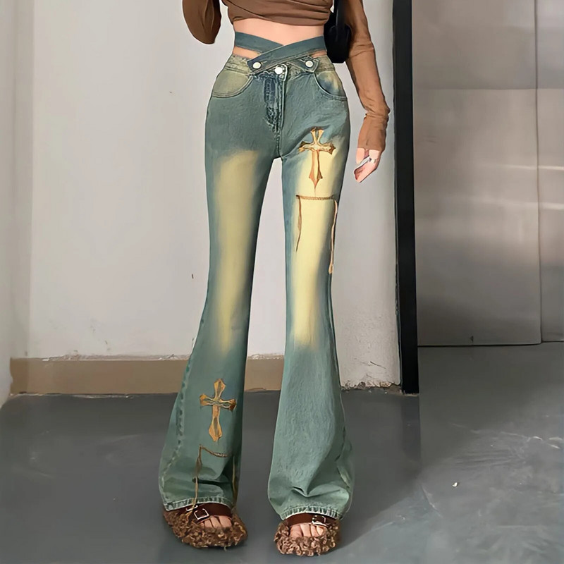 Vintage Y2k Streetwear Flare Jeans Ženske vezene hlače širokih nogavica s vezom Gyaru Modne japanske traper hlače