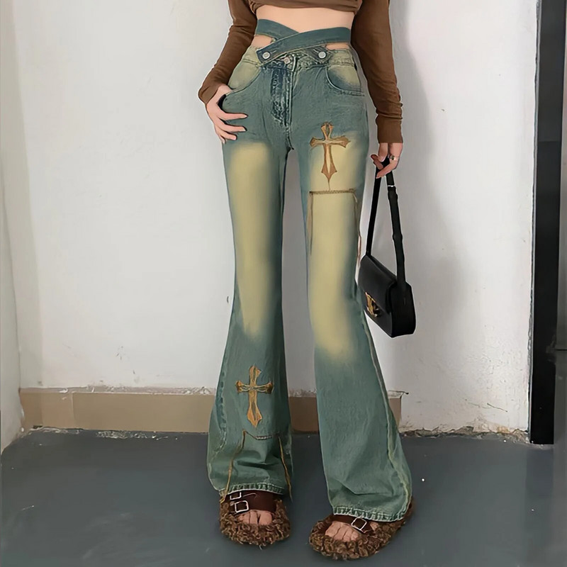 Vintage Y2k Streetwear Flare Jeans Ženske vezene hlače širokih nogavica s vezom Gyaru Modne japanske traper hlače