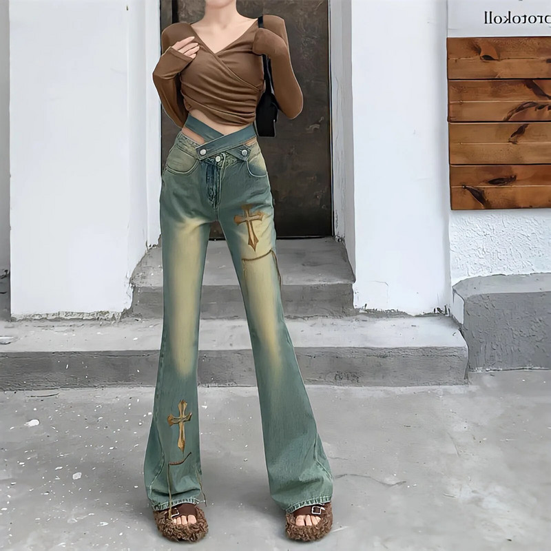 Vintage Y2k Streetwear Flare Jeans Ženske vezene hlače širokih nogavica s vezom Gyaru Modne japanske traper hlače