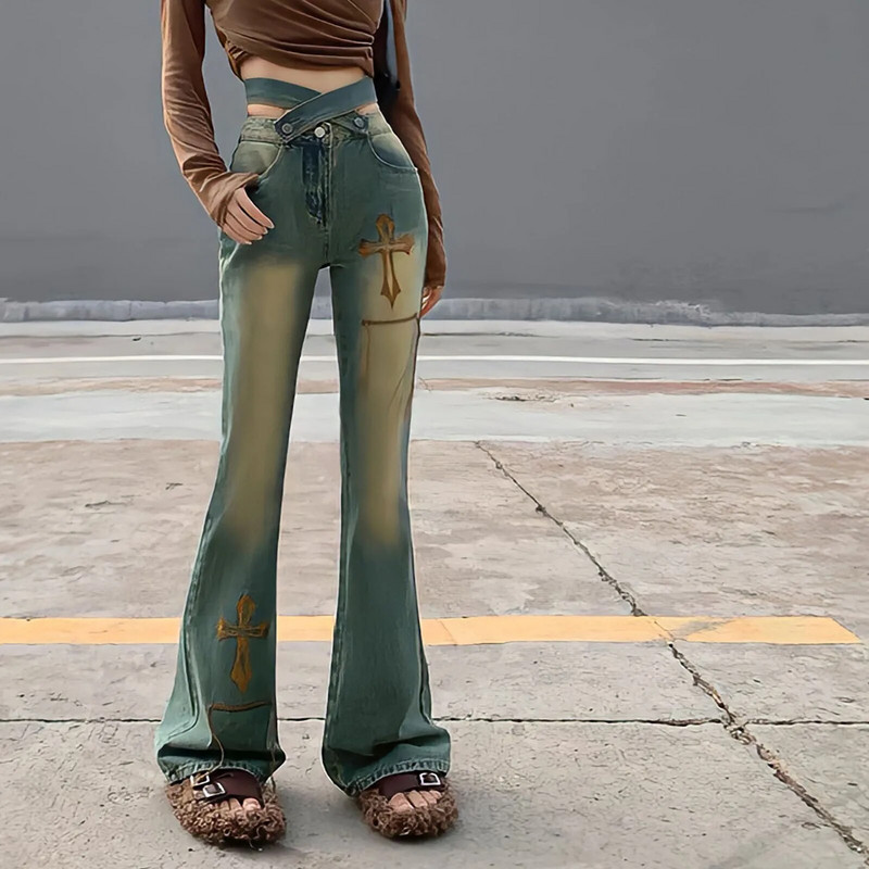 Vintage Y2k Streetwear Flare Jeans Ženske vezene hlače širokih nogavica s vezom Gyaru Modne japanske traper hlače