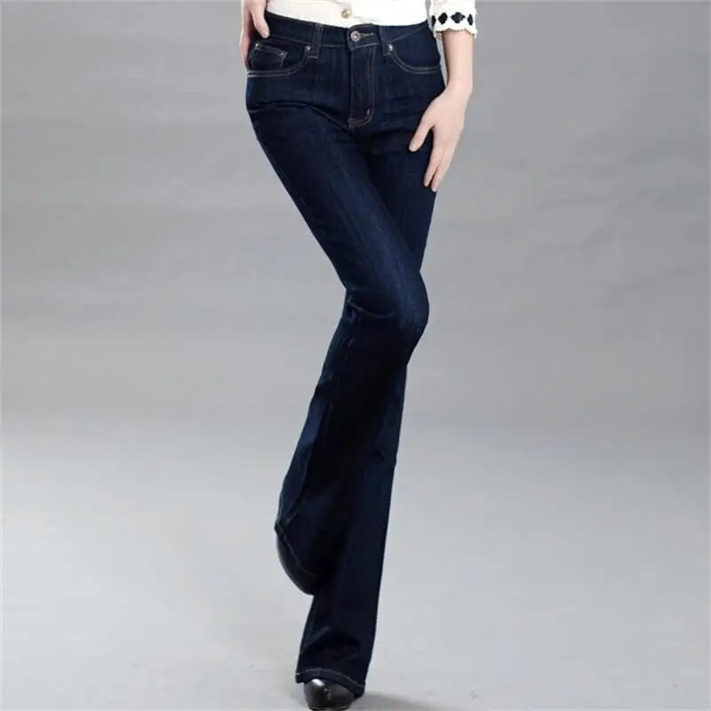 Ingyenes kiszállítás 2022 Női új tavaszi és őszi középmagas derekú kiszélesedő nadrágok lányok divat kék fekete farmer alkalmi nadrágok