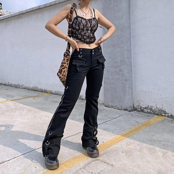 Rivet Goth Μαύρο τζιν Σκούρο ακαδημαϊκό κορίτσι Techwear Πλαϊνό φερμουάρ Χαμηλή μέση ίσιο τζιν παντελόνι Γυναικείο streetwear Pantalon Femme