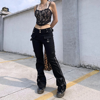 Rivet Goth Black Jeans Dark Academic Girl Techwear Страничен цип Прави дънкови панталони с ниска талия Дамски улични панталони Femme