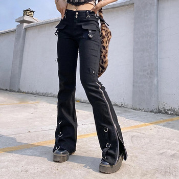 Rivet Goth Black Jeans Dark Academic Girl Techwear Страничен цип Прави дънкови панталони с ниска талия Дамски улични панталони Femme